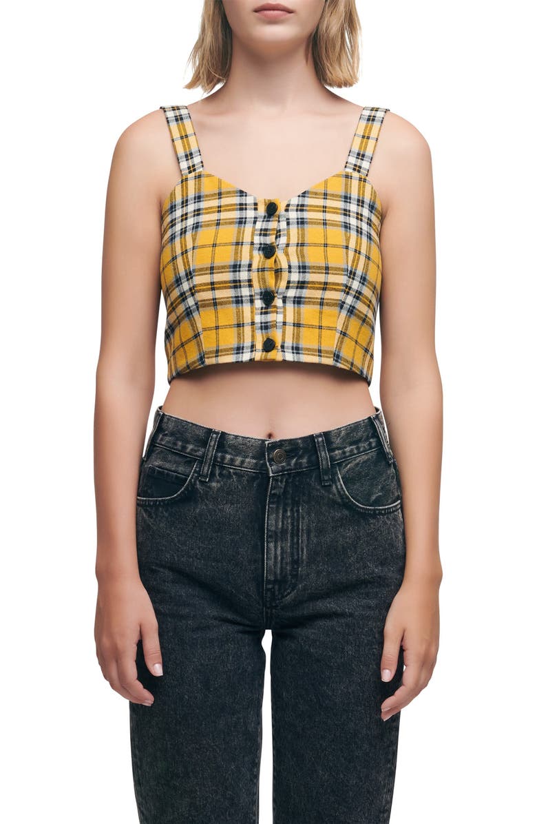 maje Loris Plaid Crop Top, Main, color, Jaune