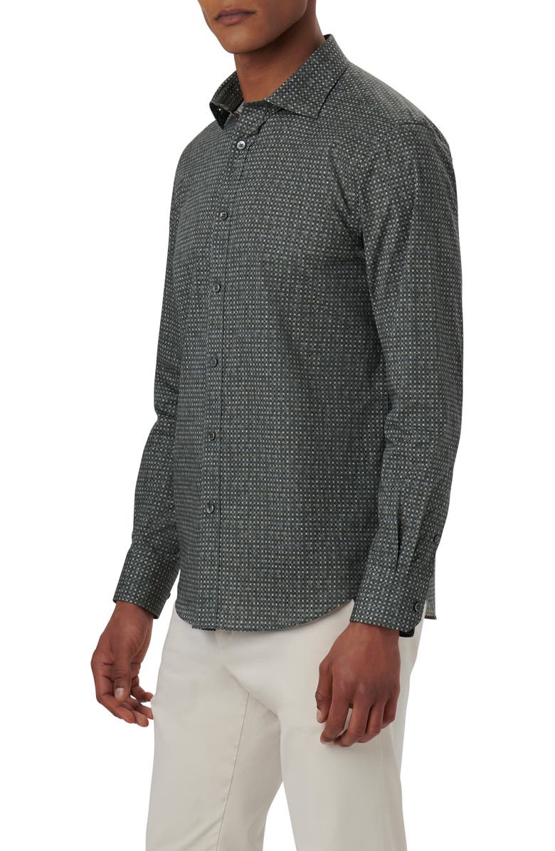 Bugatchi Axel Shaped Fit Mosaic Print Stretch Cotton Button-Up Shirt, Alternate, color, Khaki