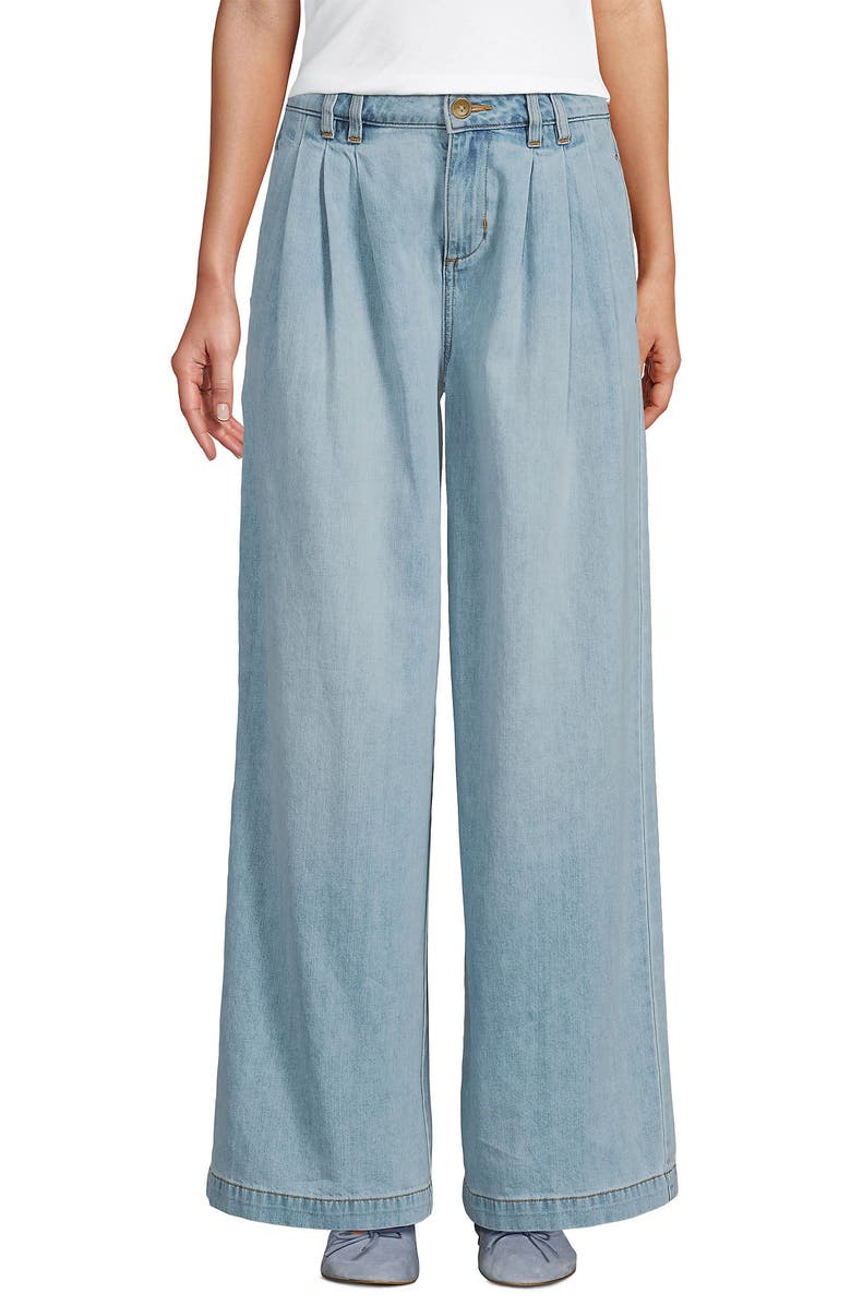 Lands' End Lightweight Denim Mid Rise Pleated Slouchy Jeans, Main, color, Breeze Blue Wash