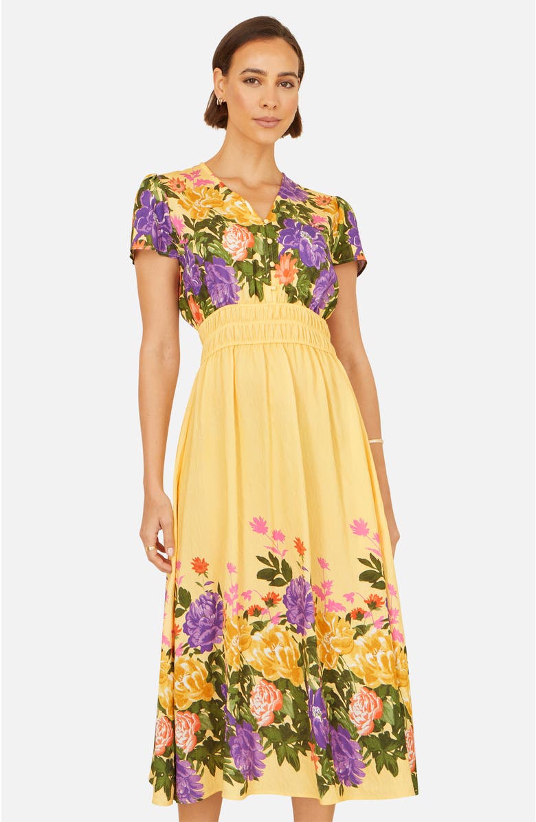 Yumi Floral Mirror Print Viscose Midi Dress, Main, color, Butter Yellow