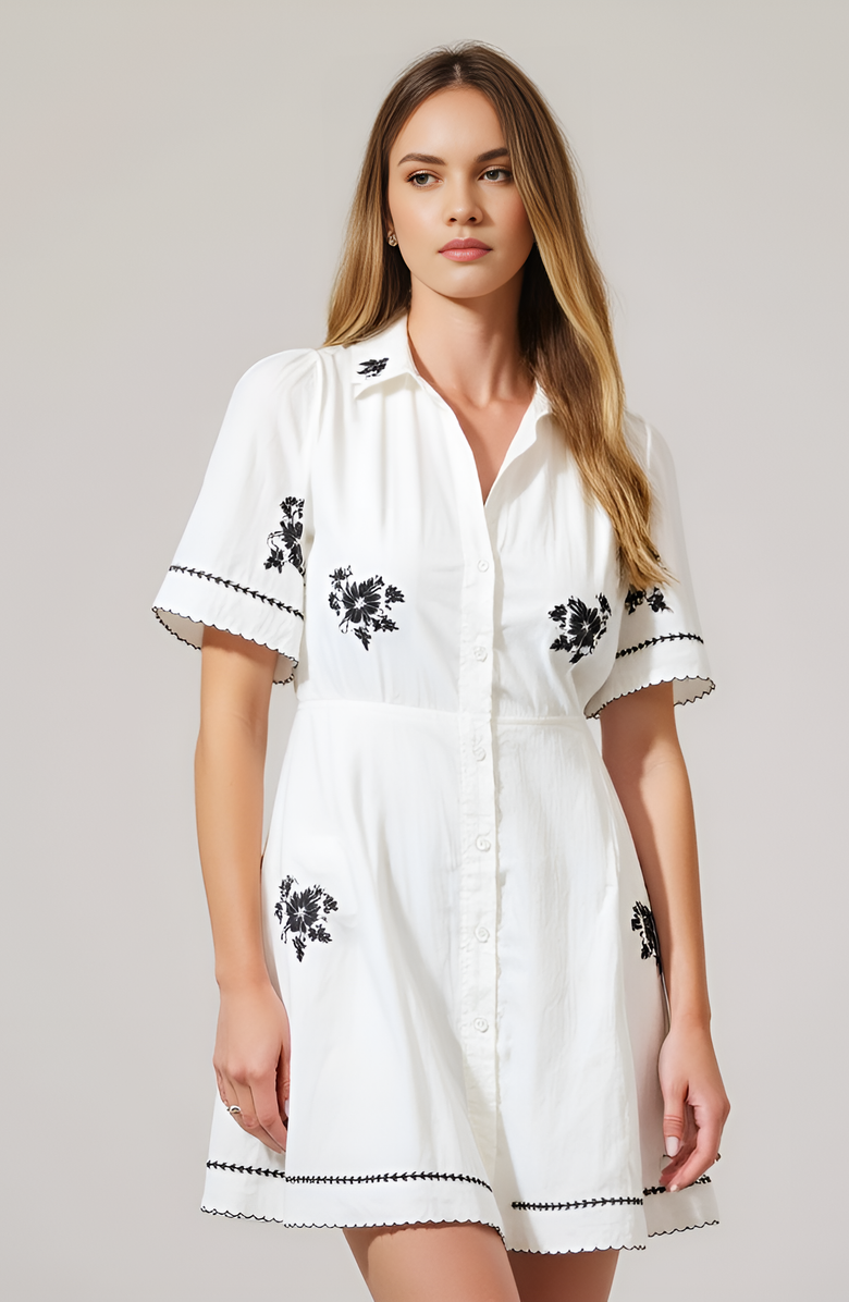 Modenaire Short-Sleeve Button-Front Embroidered Shirt Dress, Alternate, color, White / Black