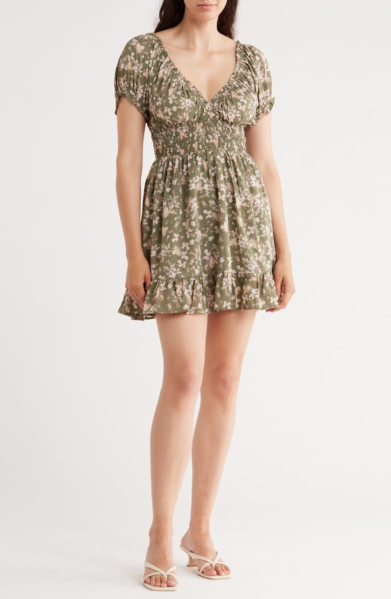Lush Puff Sleeve Smocked Minidress, Main, color, Olive Floral
