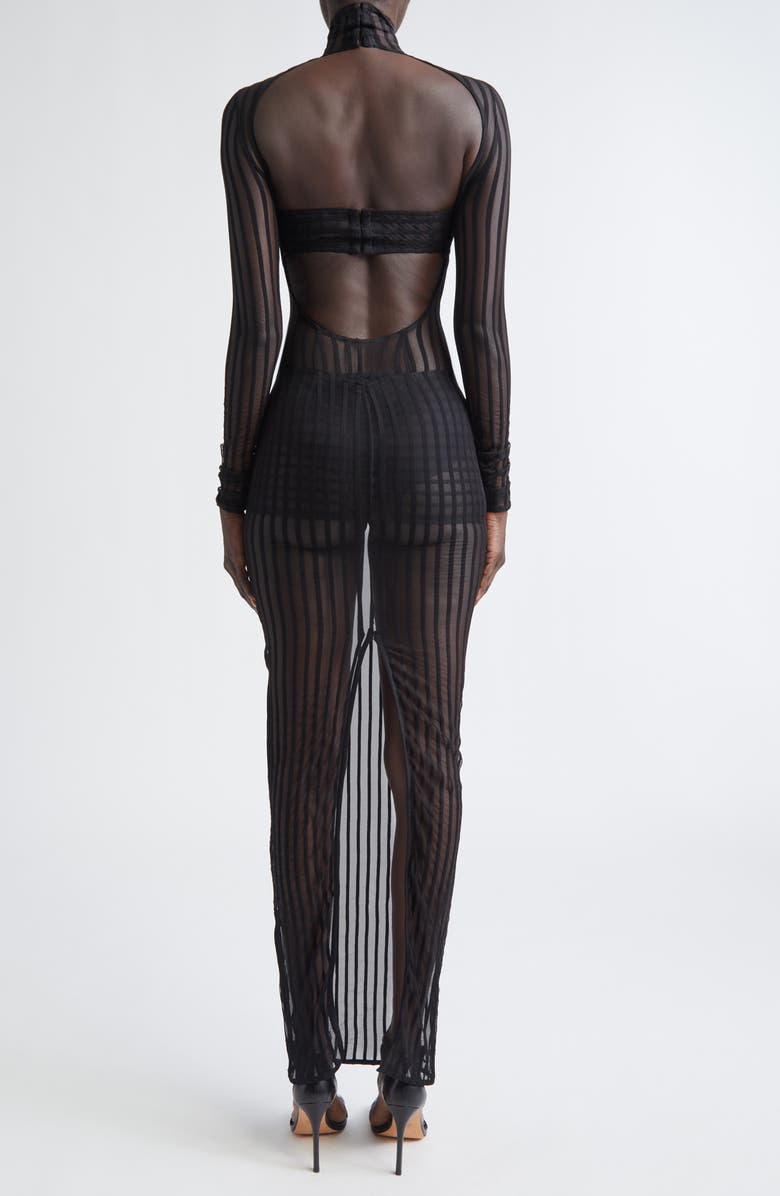 LaQuan Smith Stripe Long Sleeve Open Back Maxi Dress, Alternate, color, Black