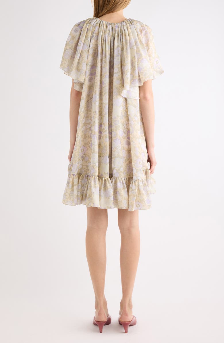 Chloé Painted Flowers Gathered Silk Charmeuse Dress, Alternate, color, Multicolor Purple 1