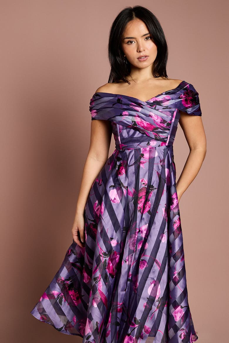 Petite Stripe Organza Midi Dress, Alternate, color, Purple
