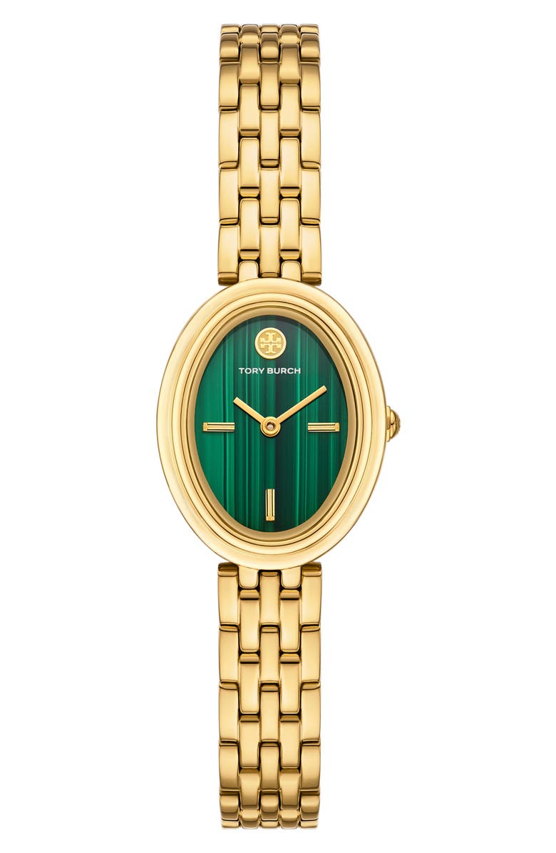 Tory Burch The Oval Malachite Bracelet Watch, 22mm x 28mm, Main, color, Gold / Green