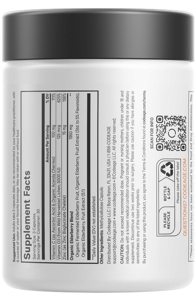Codeage Organic Black Elderberry Supplement + Vitamin C, D3 & Zinc, Alternate, color, White