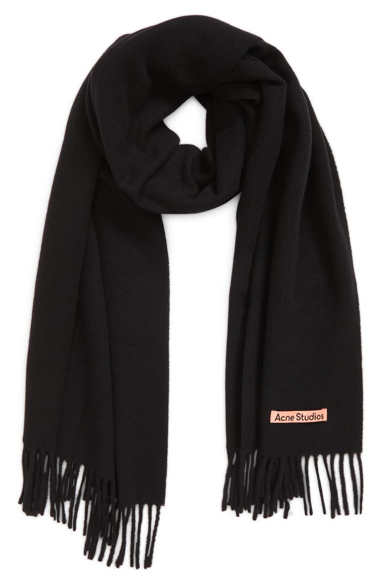 Acne Studios Fringe Wool Scarf, Alternate, color, Black