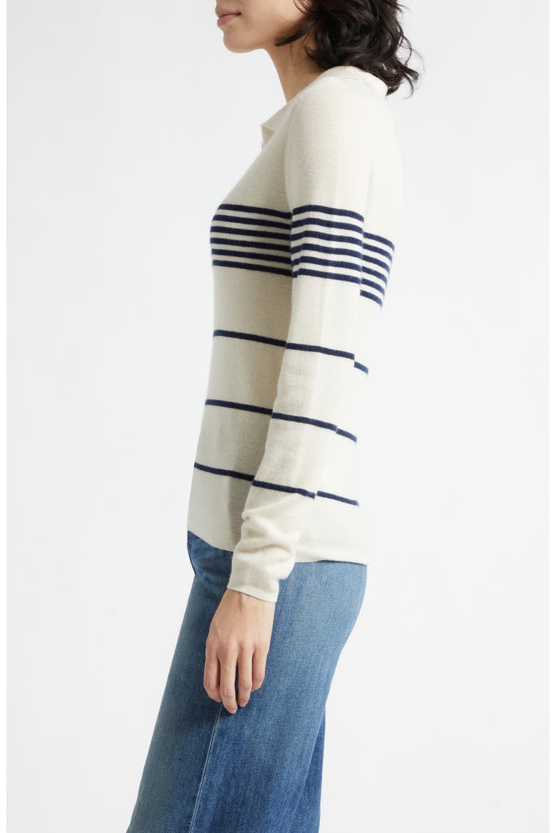Lucille Placed Stripe Cashmere Polo Sweater, Alternate, color, IVORY/ NAVY STRIPE