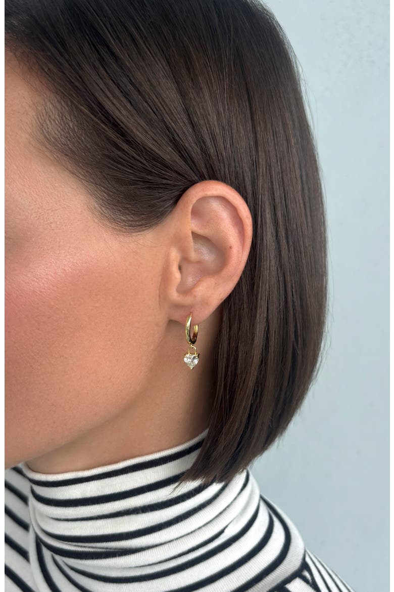 Cubic Zirconia Heart Dangle Huggie Hoop Earrings, Alternate, color, GOLD