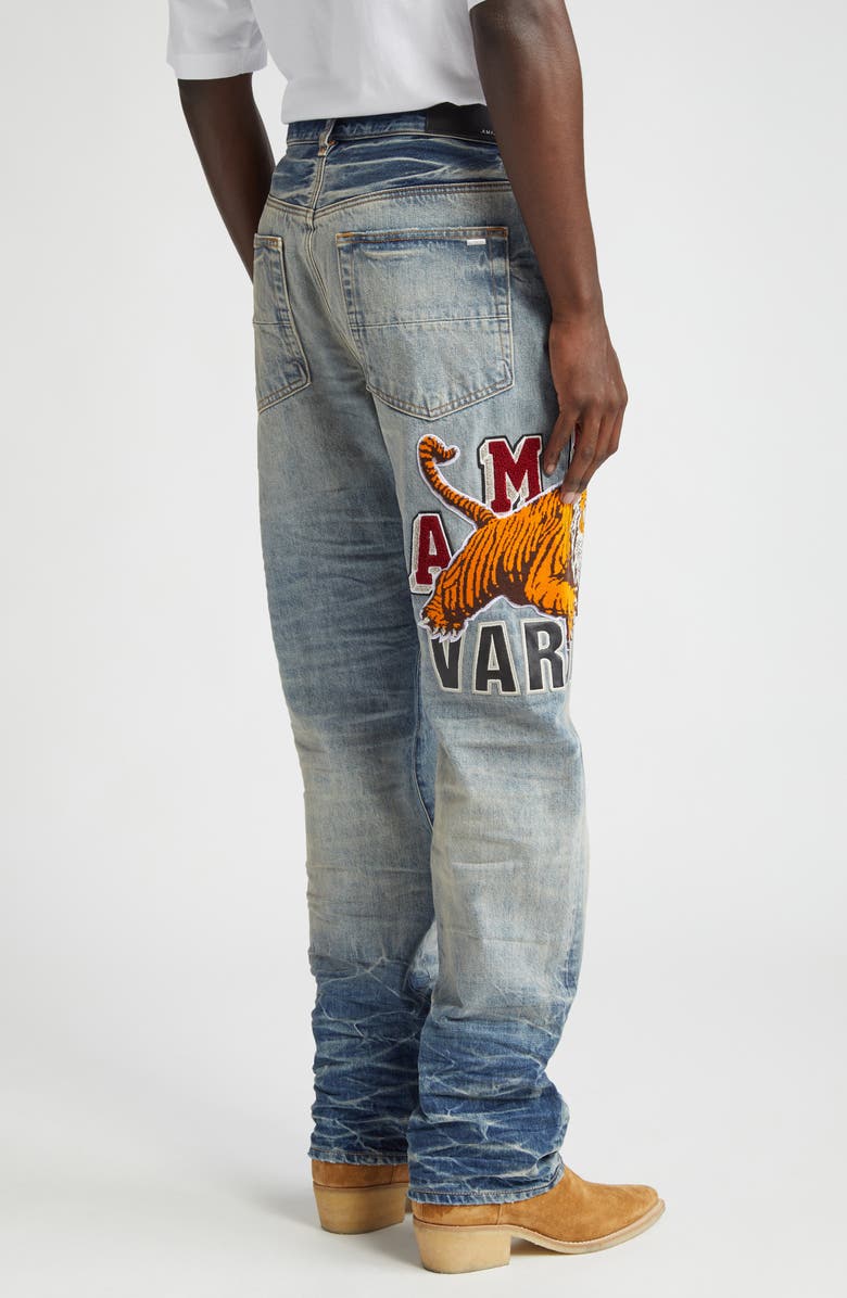 AMIRI Varsity Tiger Patch Embroidered Straight Leg Jeans, Alternate, color, 