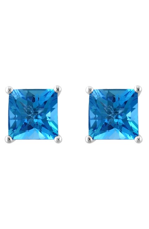 14K White Gold Square Blue Topaz Earrings