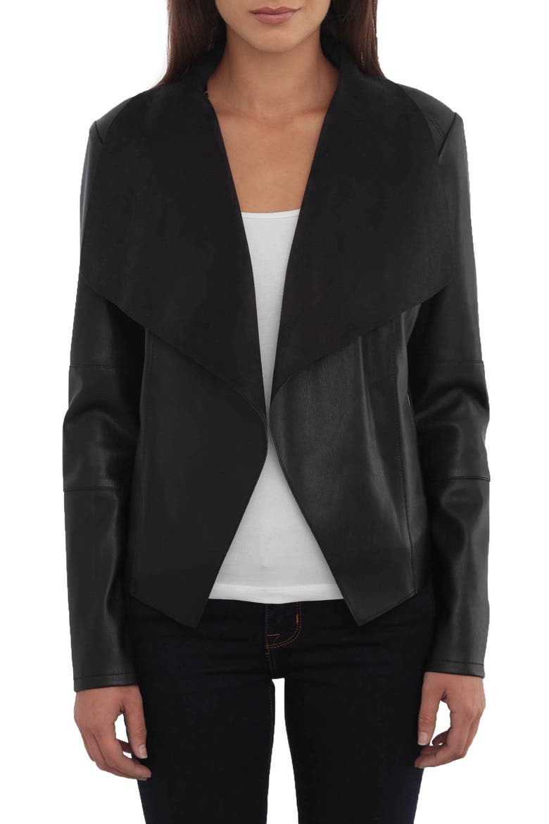 Drape Faux Leather & Faux Suede Jacket, Main, color, BLACK