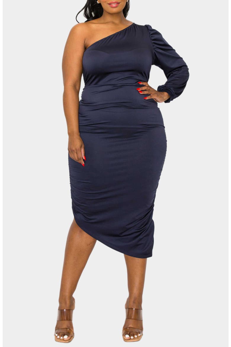 Gaia One-Shoulder Asymmetric Body-Con Midi Dress, Alternate, color, NAVY