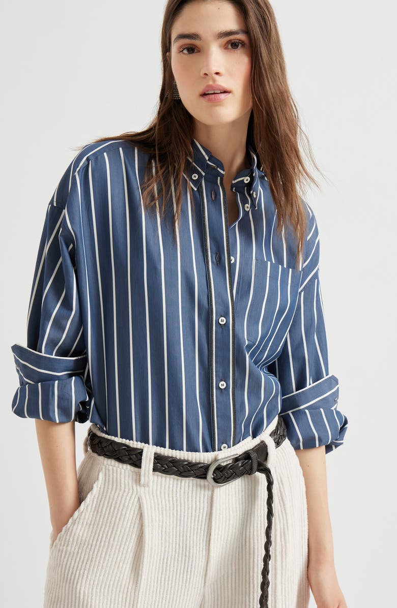 Brunello Cucinelli Striped poplin shirt, Alternate, color, Blue