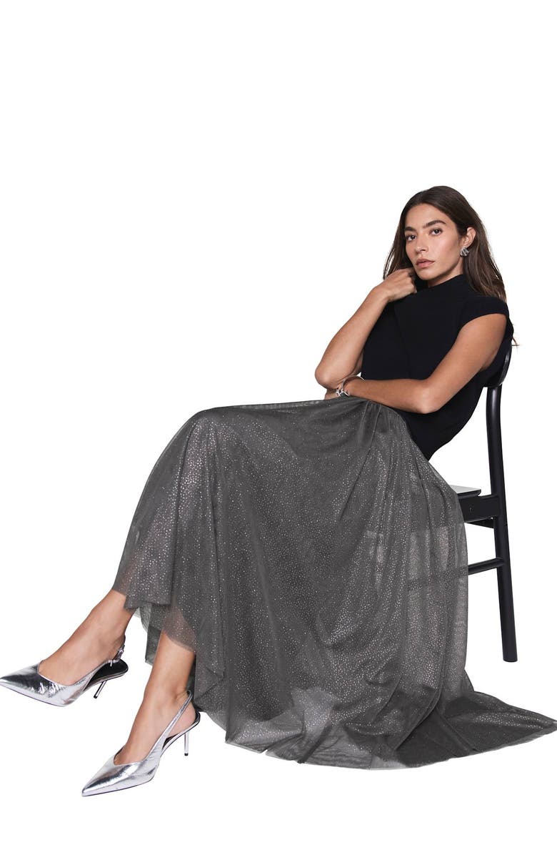 MINT VELVET Metallic Tulle Midi Skirt, Alternate, color, Grey
