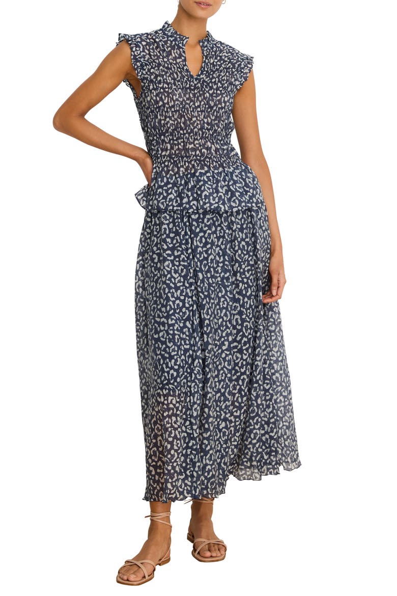 Leopard Print Smocked Peplum Top, Alternate, color, INDIGO MULTI