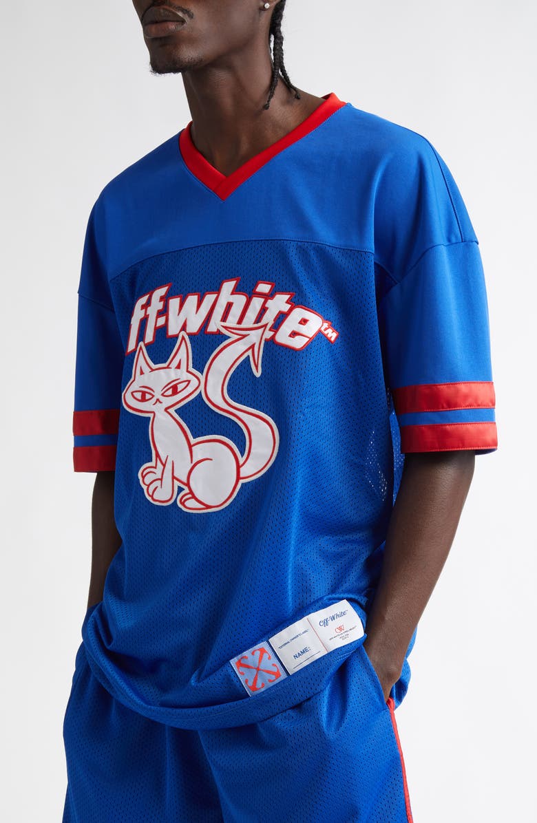 Off-White Cat Logo V-Neck Football Mesh Graphic T-Shirt, Alternate, color,