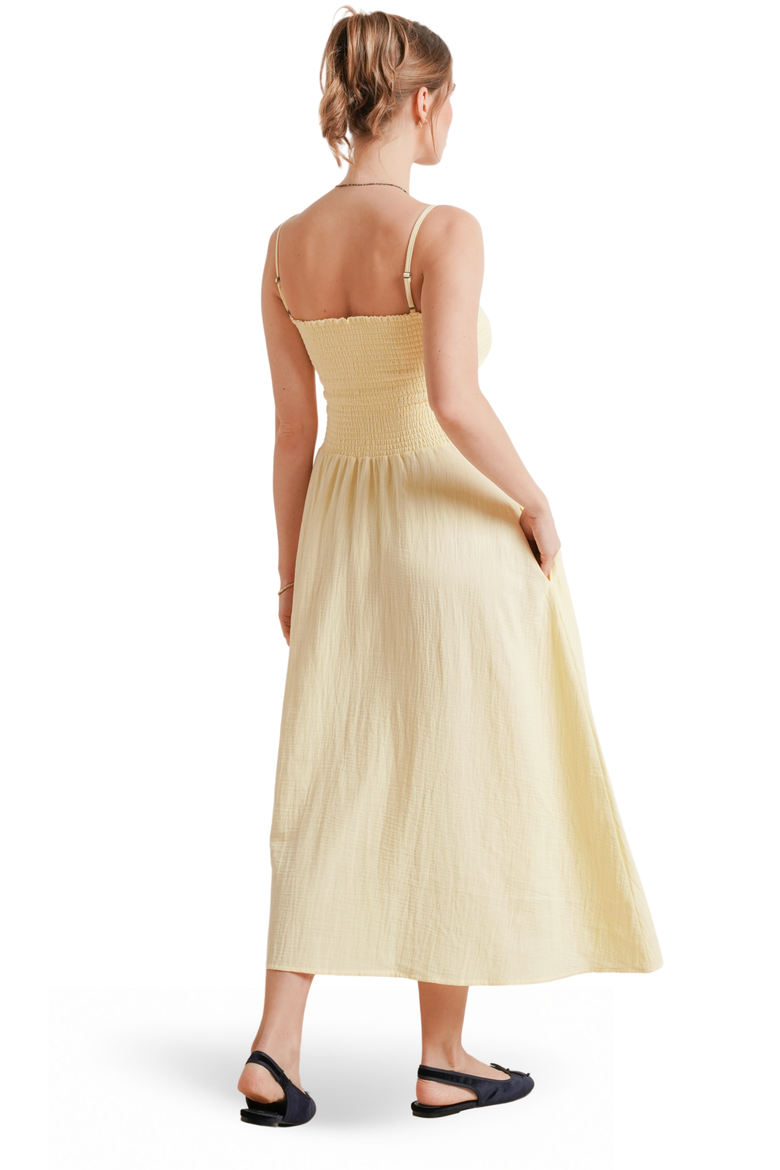 The Easy Smocked Maternity Midi Dress, Alternate, color, Butter Yellow