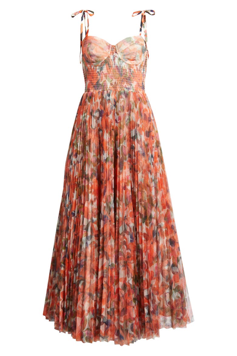 Smocked Tulle Gown, Alternate, color, ORANGE PAINTED LUSH TROPICAL
