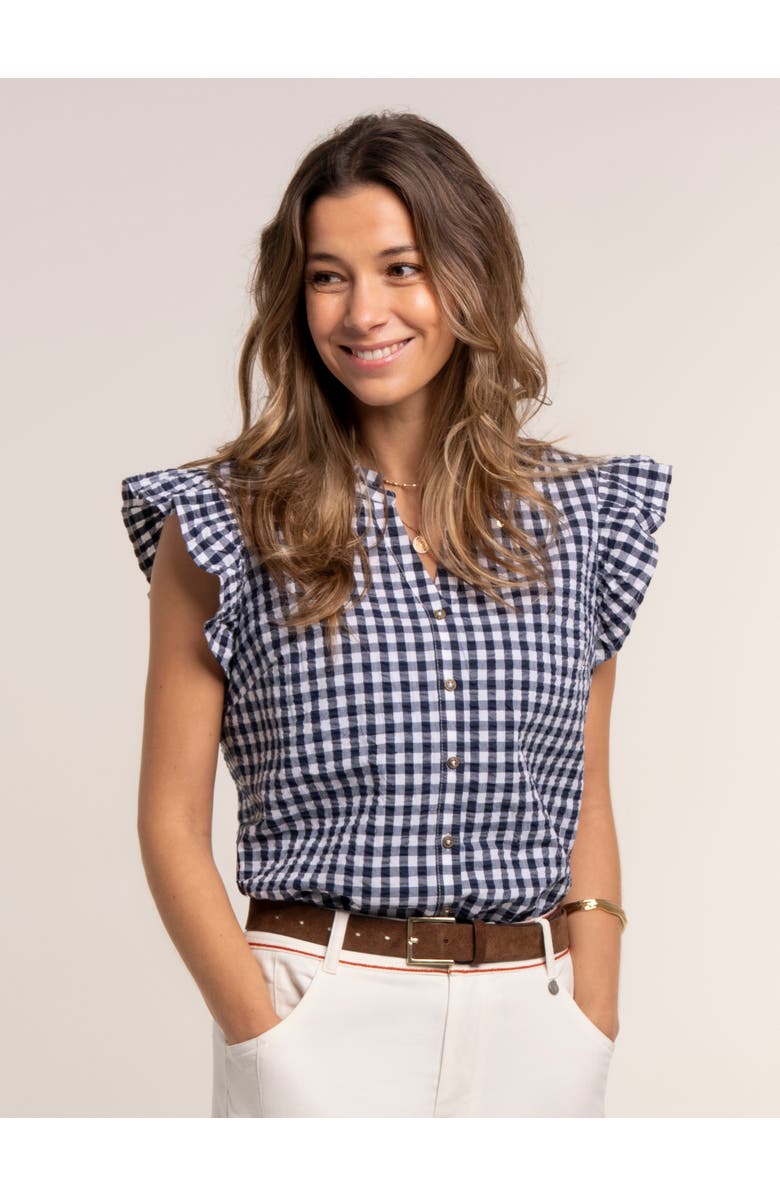 Brakeburn Bia Gingham Flutter Sleeve Blouse, Main, color, Navy