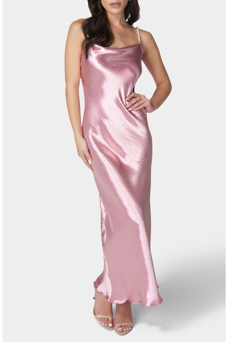 Pearly Strap Hammered Satin Maxi Slipdress, Main, color, ROSE
