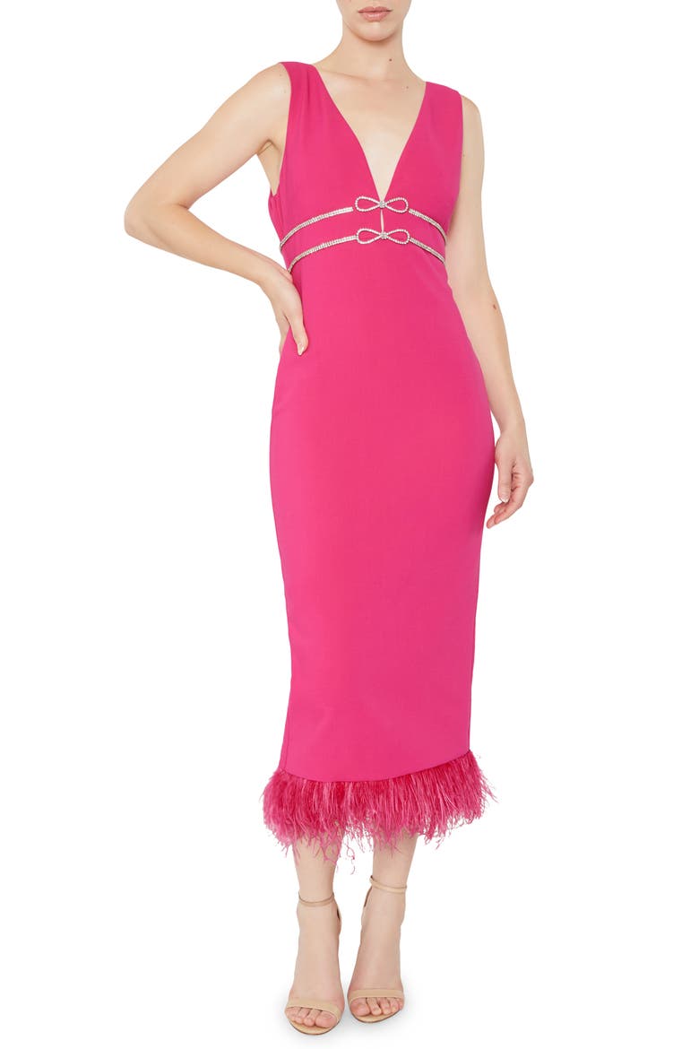 Corianne Feather Trim Empire Waist Midi Dress, Main, color, FUSCHIA