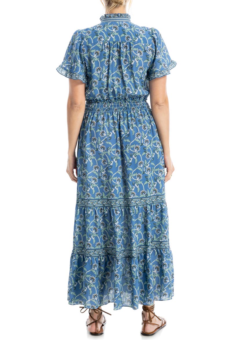 Smocked Flutter Sleeve Maxi Dress, Alternate, color, BLUE LEAFY FLORAL WAVE