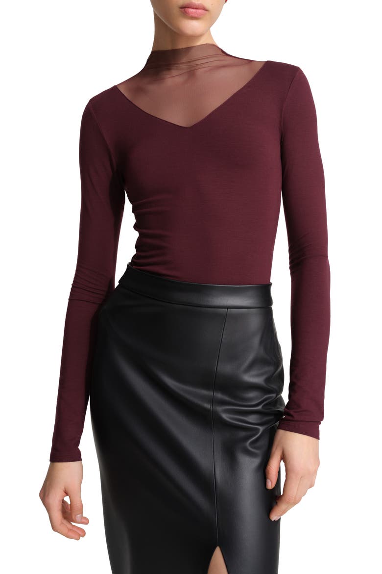 Saige Mesh Yoke Mock Neck Top, Main, color, BURGUNDY