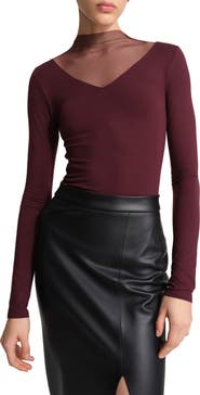 Marcella Saige Mesh Yoke Mock Neck Top