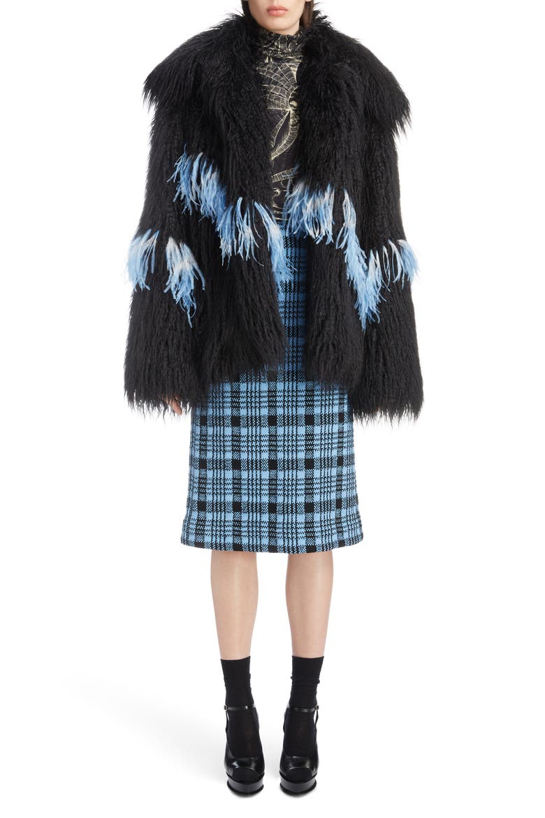 Feather Trim Faux Fur Jacket, Alternate, color, BLACK