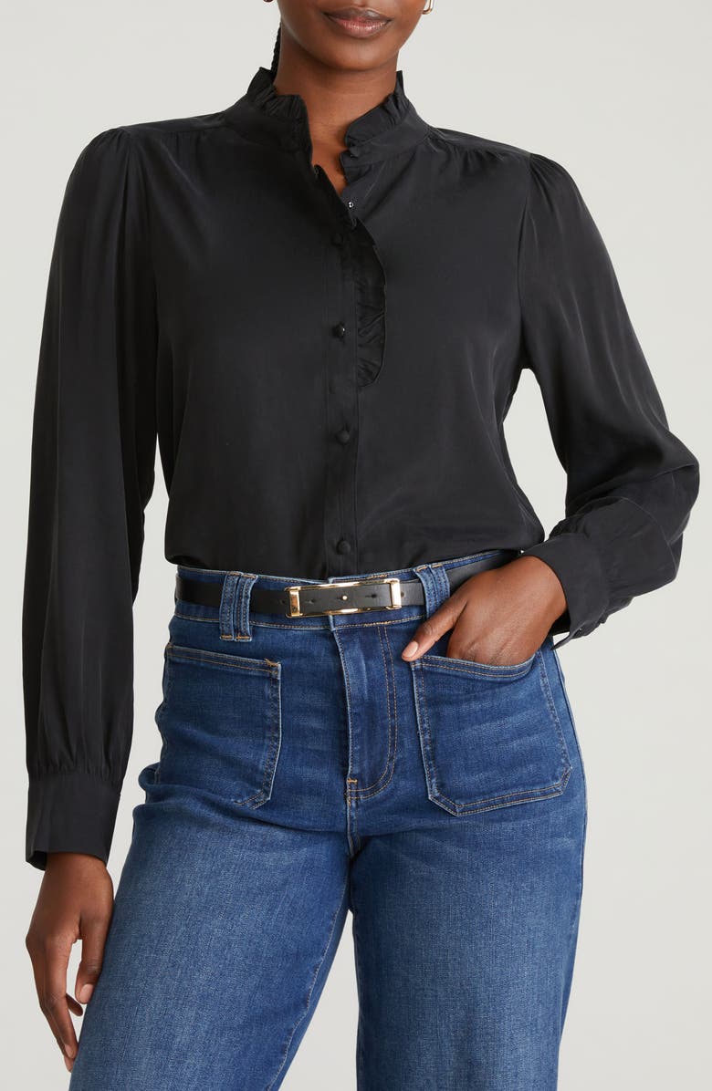 Universal Standard Endora Ruffle Trim Button-Up Shirt, Main, color, Black