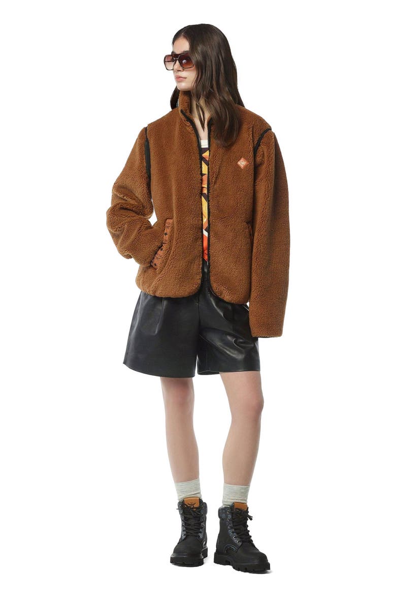 Fleece Jacket w/ Detachable Sleeves in Faux Fur, Main, color, Cognac