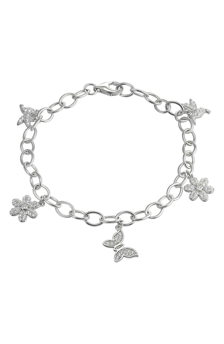 CANDELA JEWELRY Pavé CZ Butterfly Charm Bracelet, Main, color, Silver/ Clear