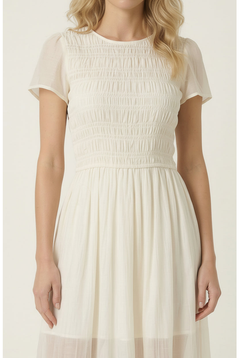 Sheer Overlay Midi Dress with Smocked Bodice, Alternate, color, Cream