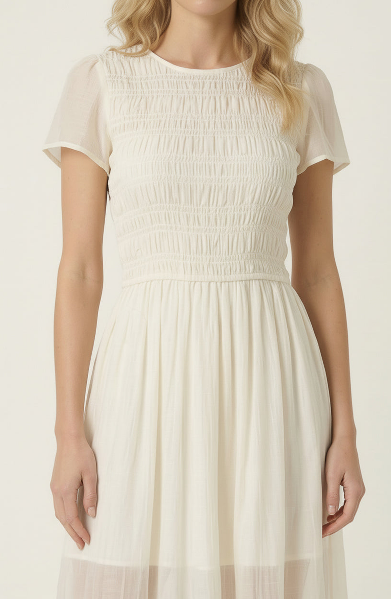 Modenaire Sheer Overlay Midi Dress with Smocked Bodice, Alternate, color, Cream