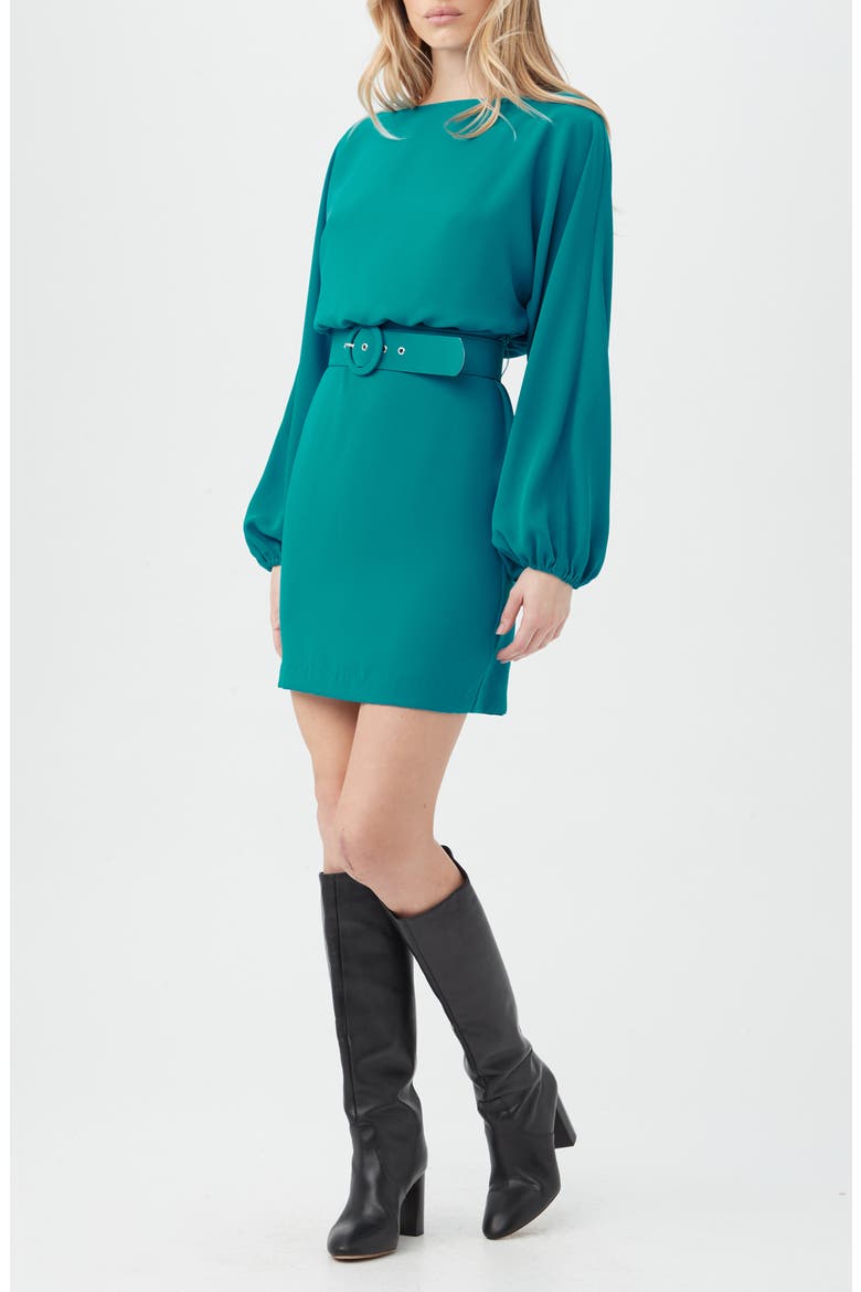 Avory Long Sleeve Belted Sheath Minidress, Main, color, TURKANA TEAL
