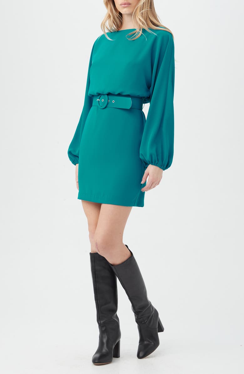 Trina Turk Avory Long Sleeve Belted Sheath Minidress, Main, color, Turkana Teal