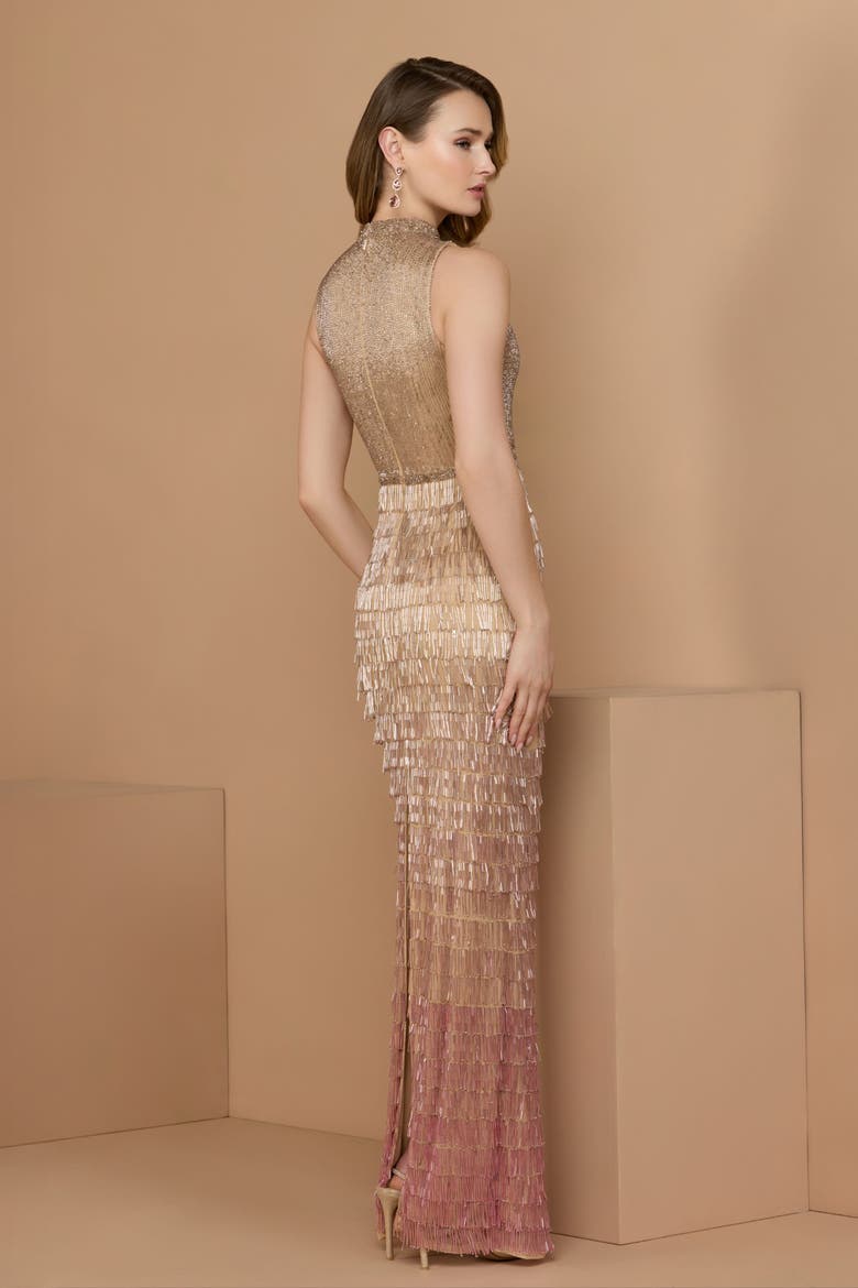 Scoop Neck Embellished Fringe Gown, Alternate, color, Pink Ombre