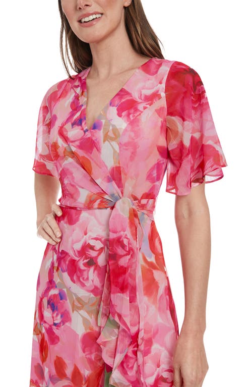 London Times Floral Short Sleeve Faux Wrap Chiffon Maxi Dress In Ivory/fuchsia