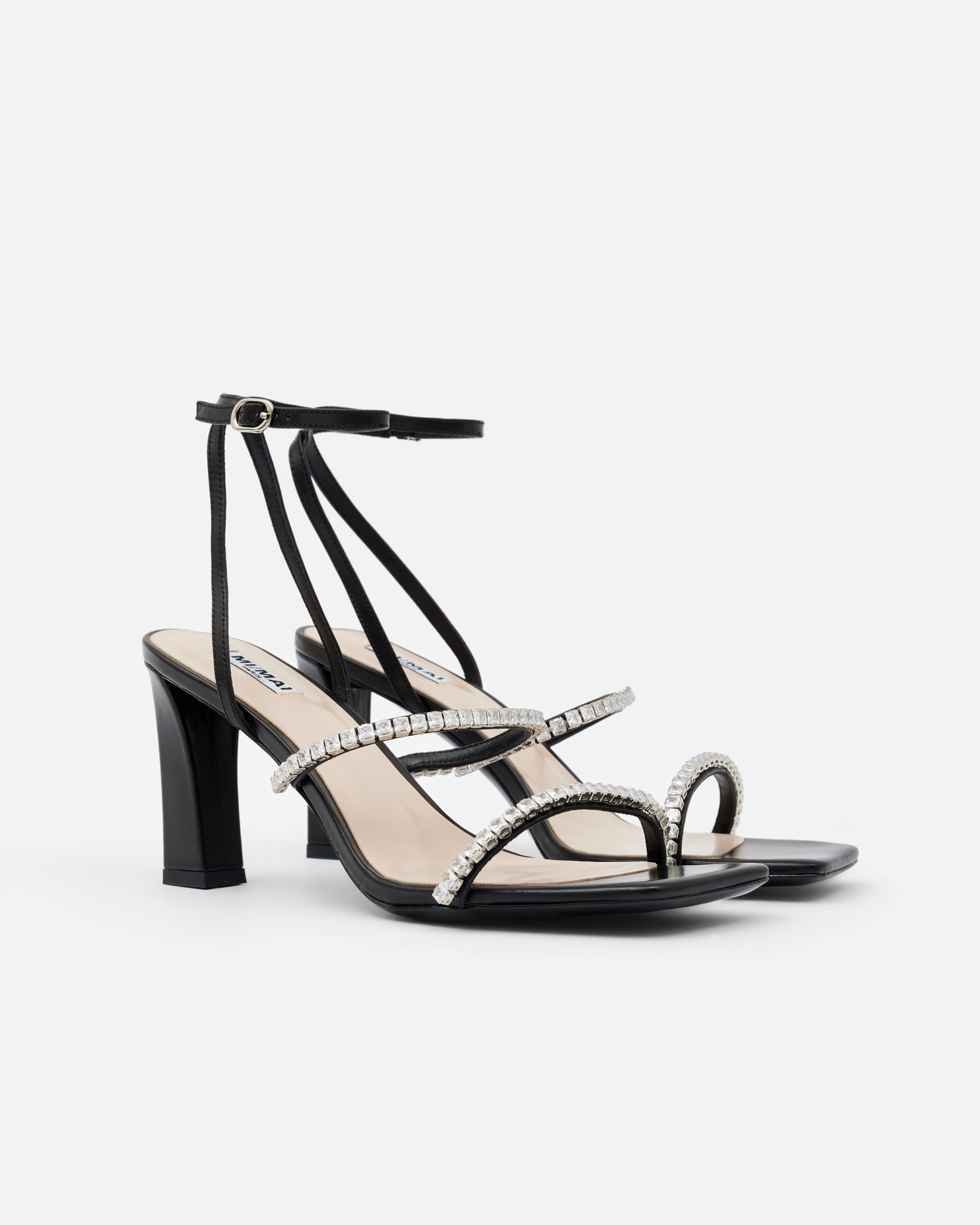 MI/MAI Nidal Rhinestone Detail Heeled Sandals, Alternate, color, Black