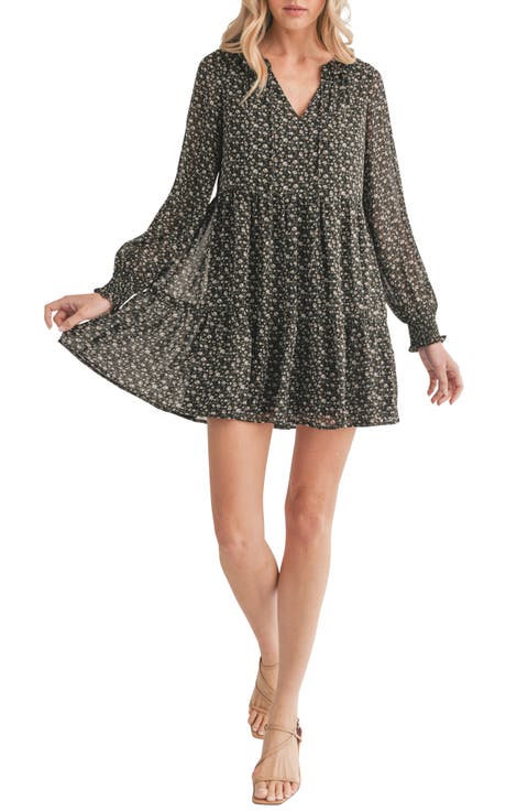 Floral Long Sleeve Tiered Shift Dress