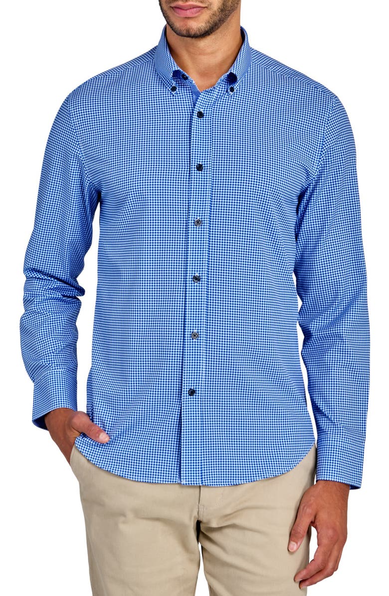 CONSTRUCT Slim Fit Gingham 4-Way Sport Shirt, Main, color, Lt Blue