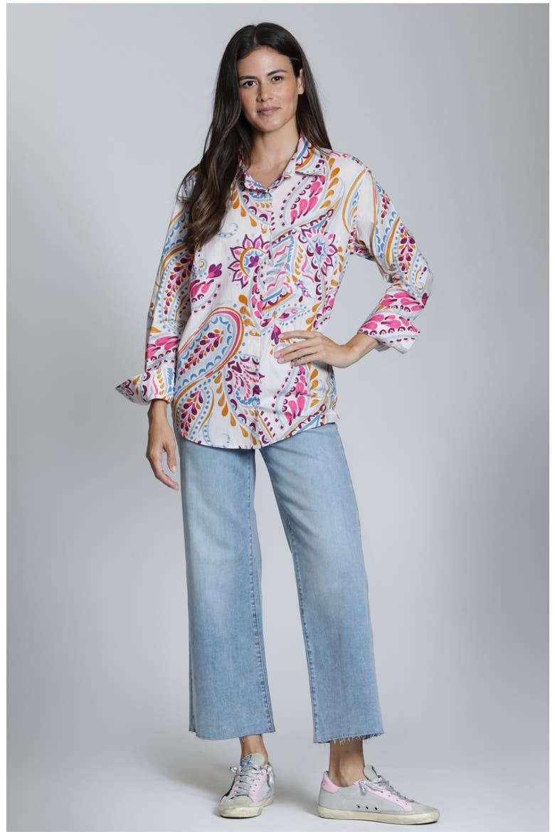 Print Cotton Button-Up Shirt, Alternate, color, PINK MULTI