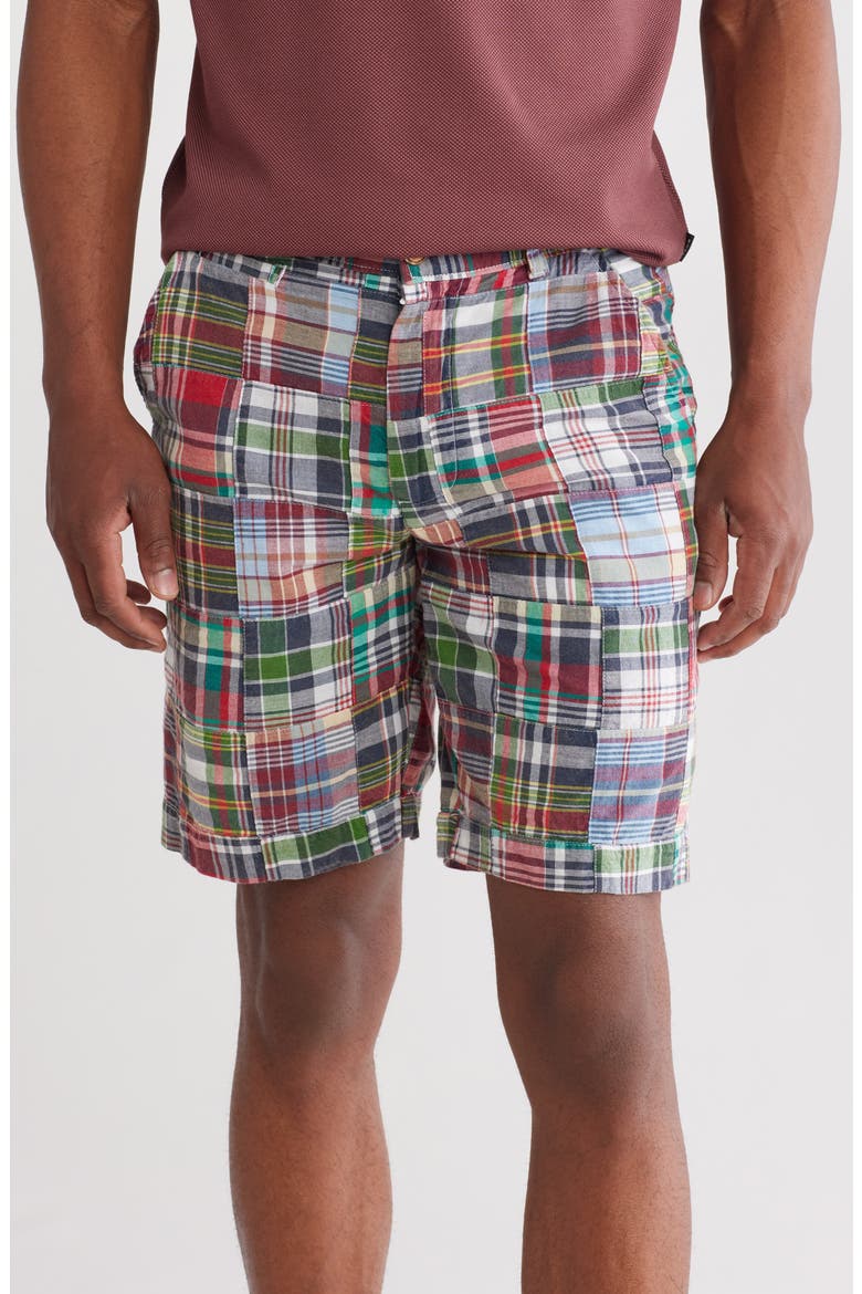 Acid Wash Patchwork Madras Plaid Shorts, Main, color, NAVY