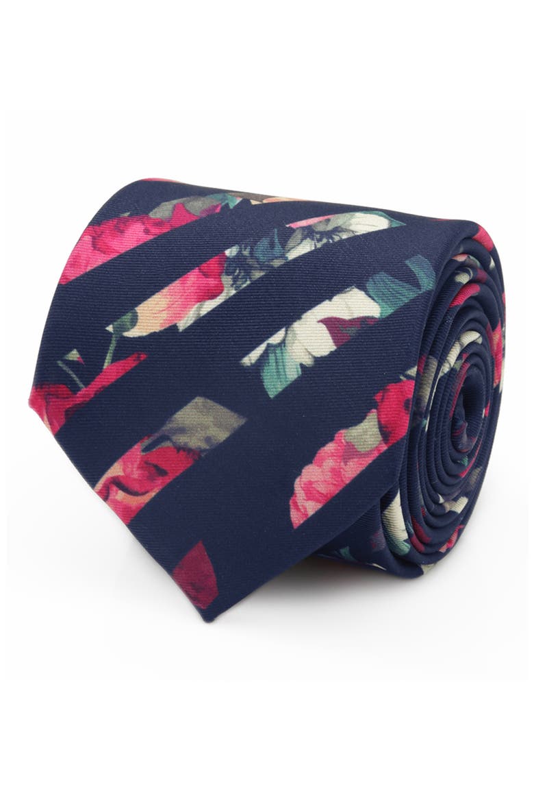 Painted Floral Stripe Silk Tie, Main, color, NAVY