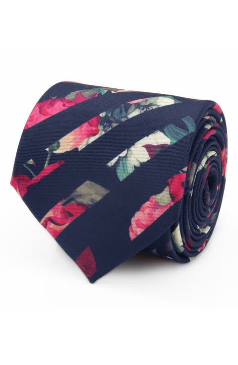 Painted Floral Stripe Silk Tie