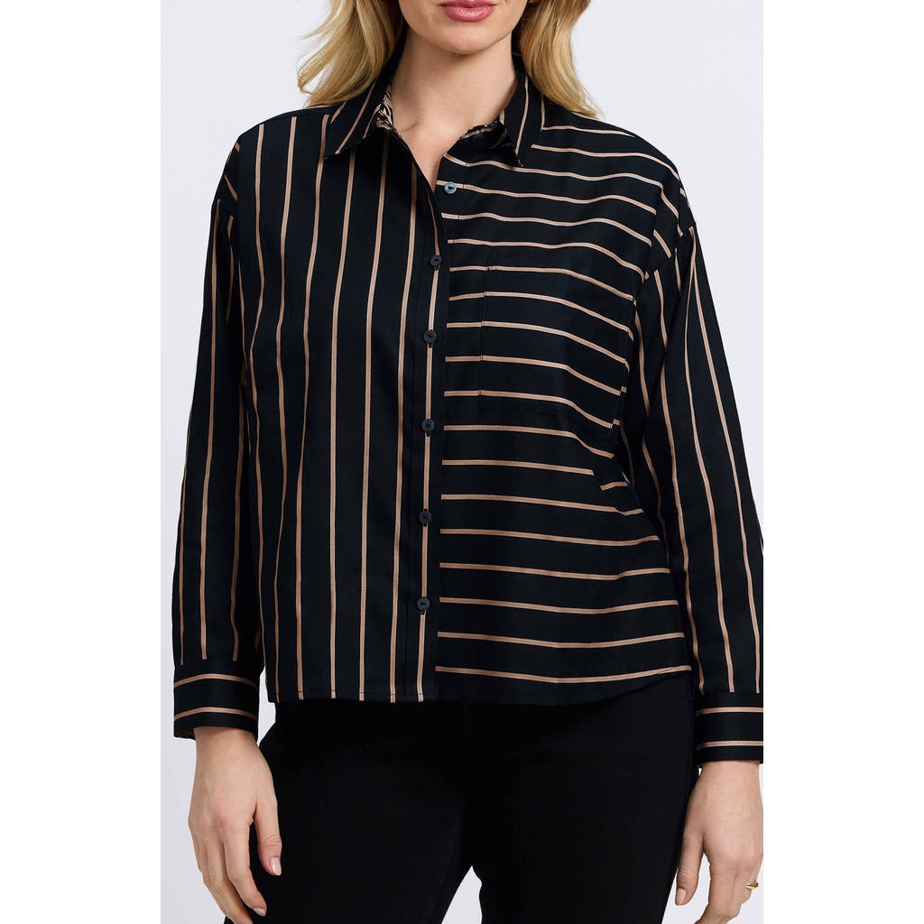 Foxcroft Margie Stripe Three-quarter Sleeve Button-up Shirt In Black