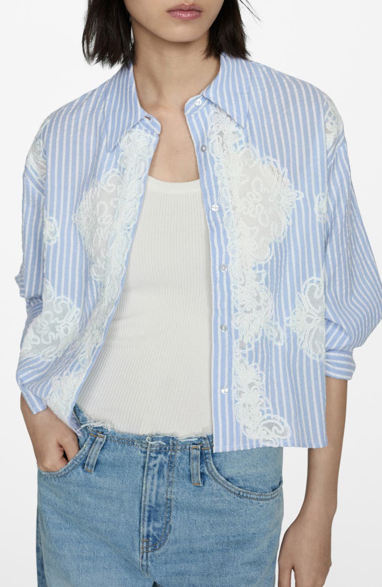 MANGO Stripe Embroidered Inset Cotton Button-Up Shirt, Main, color,