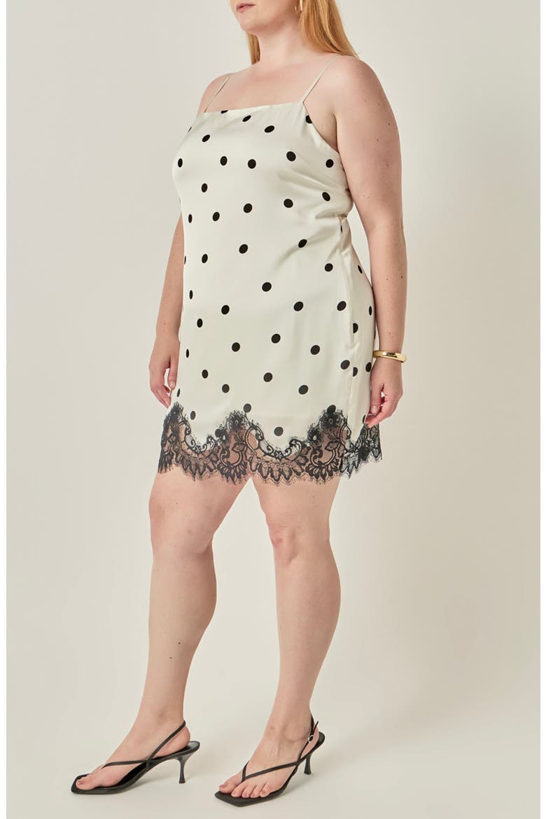 Polka Dot Lace Hem Slip Minidress, Alternate, color, CREAM/ BLACK